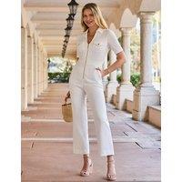 SOSANDAR Cotton Rich Denim Cropped Waisted Jumpsuit Cream