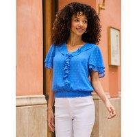 SOSANDAR Textured V-Neck Ruffle Angel Sleeve Blouse Blue