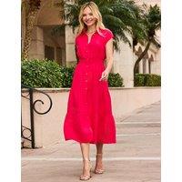 SOSANDAR Linen Blend Shirred Midi Shirt Dress Hot Pink
