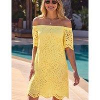 SOSANDAR Pure Cotton Broderie Bardot Mini Shift Dress Yellow
