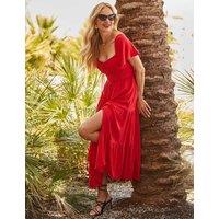 SOSANDAR Ruched Textured Tie Neck Maxi Tiered Dress Red