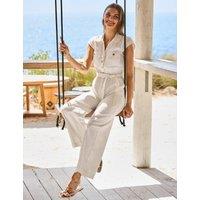 SOSANDAR Denim Short Sleeve Wide Leg Jumpsuit Cream