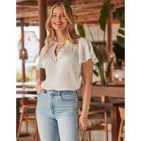 SOSANDAR Chiffon Plisse Tie Neck Top Cream