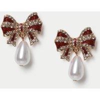 M&S Christmas Bow Pearl Effect Drop Earrings Gold
