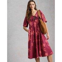 White Stuff Linen Rich Printed V-Neck Midi Tea Dress Pink Mix