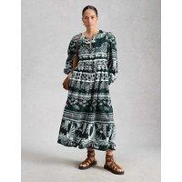 White Stuff Printed Tie Waist Midi Tea Dress Green Mix