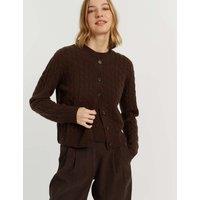 Chinti & Parker Pure Cashmere Cable Knit Crew Neck Cardigan Chocolate