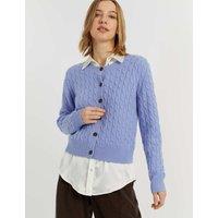 Chinti & Parker Pure Cashmere Cable Knit Crew Neck Cardigan Blue