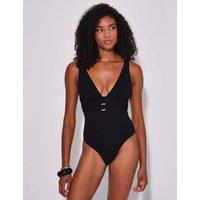 South Beach Textured Ring Detail Plunge Swimsuit Black