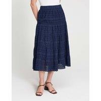 Finery London Pure Cotton Broderie Midi Tiered Skirt Navy