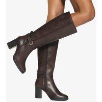 Kurt Geiger Leather Buckle Block Heel Knee High Boots Brown