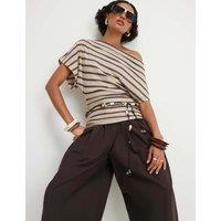 River Island Striped Off The Shoulder T-Shirt Brown Mix