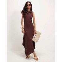 River Island Textured Halter Neck Midi Skater Dress Chocolate