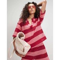 River Island Pure Cotton Striped V-Neck Polo Shirt Pink Mix
