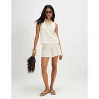 River Island Pure Cotton Crochet Fringe Detail Shorts Cream