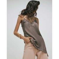 River Island Satin Lace V-Neck Asymmetric Hem Cami Top Beige