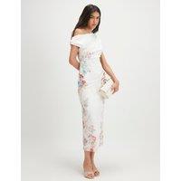 River Island Floral One Shoulder Midi Bodycon Dress Cream Mix