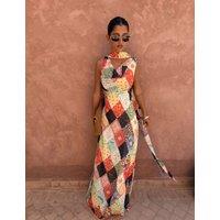 Never Fully Dressed Printed Cowl Neck Maxi Fitted Dress Cream Mix