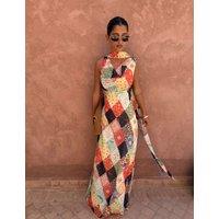 Never Fully Dressed Printed Cowl Neck Maxi Fitted Dress Cream Mix