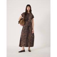 HUSH Cotton Rich Leopard Print Midaxi Waisted Dress Brown Mix