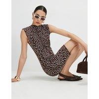 River Island Animal Print Round Neck Mini Skater Dress Brown Mix