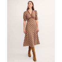 Monsoon Checked V-Neck Midi Tea Dress Brown Mix
