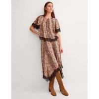 Monsoon Printed Lace Hanky Hem Midi A-Line Skirt Brown Mix
