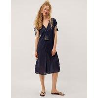 Monsoon Cotton Rich Striped Midi Kaftan Dress Navy
