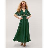Monsoon Embellished V-Neck Maxi Skater Dress Dark Green Mix