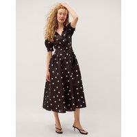 Monsoon Polka Dot V-Neck Belted Midi Tea Dress Black Mix