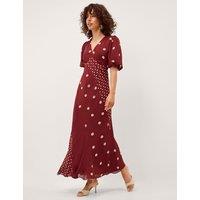 Monsoon Polka Dot V-Neck Puff Sleeve Midi Tea Dress Burgundy Mix