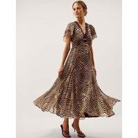 Monsoon Animal Print V-Neck Midi Tea Dress Brown Mix