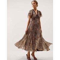 Monsoon Animal Print V-Neck Midi Tea Dress Brown Mix