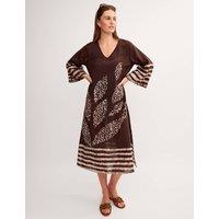 Monsoon Cotton Rich Printed V-Neck Midaxi Kaftan Dress Brown Mix