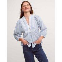 Monsoon Pure Cotton Striped V-Neck Bib Detail Blouse Blue Mix