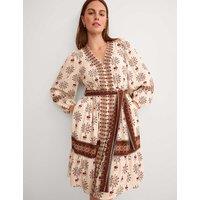 Monsoon Printed V-Neck Belted Knee Length Shirt Dress Ivory Mix
