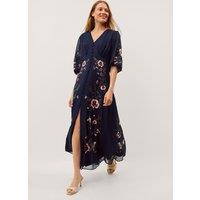 Monsoon Embroidered Floral V-Neck Maxi Dress Navy