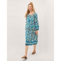 Monsoon Cotton Rich Printed Midi Kaftan Dress Teal Mix