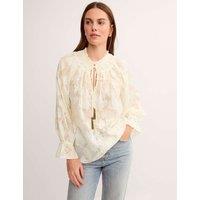 Monsoon Jacquard Tie Neck Blouson Sleeve Blouse Ivory