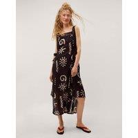 Monsoon Pure Cotton Printed Square Neck Midi Dress Black Mix