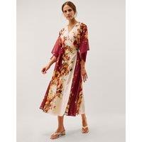 Monsoon Floral V-Neck Angel Sleeve Midi Wrap Dress Cream Mix