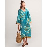 Monsoon Pure Cotton Floral Beach Cover Up Kaftan Teal Mix