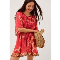 Monsoon Floral Waisted Mini Beach Cover Up Kaftan Red Mix