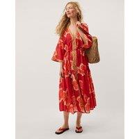Monsoon Pure Cotton Printed V-Neck Midaxi Kaftan Dress Pink Mix