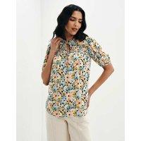 Finery London Floral Shirred Tie Neck Relaxed Top Orange Mix