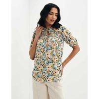Finery London Floral Shirred Tie Neck Relaxed Top Orange Mix