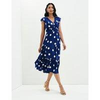 Finery London Voile Spot Print V-Neck Midi Tiered Dress Navy Mix