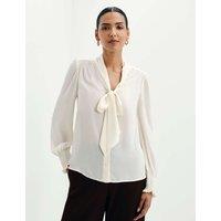 Finery London Tie Neck Button Through Blouson Sleeve Blouse Ivory