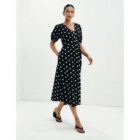 Finery London Pure Cotton Polka Dot V-Neck Midi Dress Black Mix