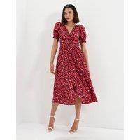 Finery London Floral V-Neck Midi Puff Sleeve Waisted Dress Red Mix